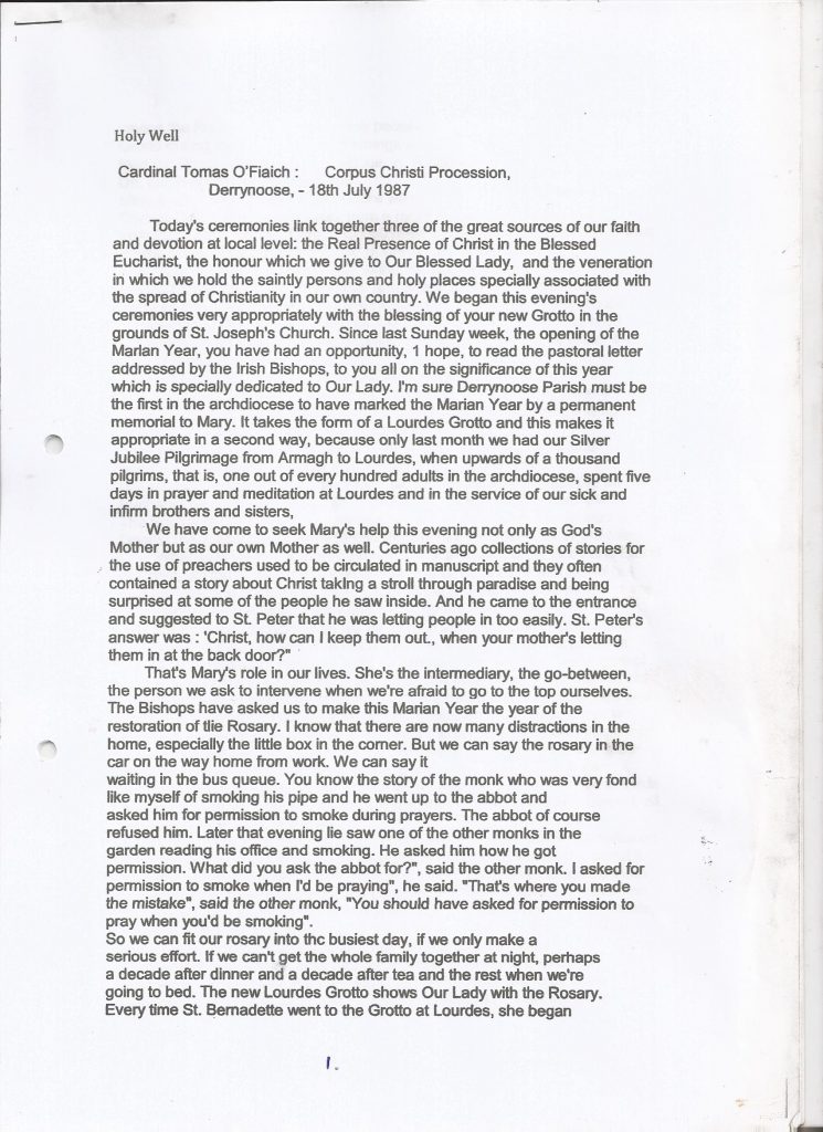 Cardinal Tomas O Fiaich Page 1 Holy Well Derrynoose 18th July